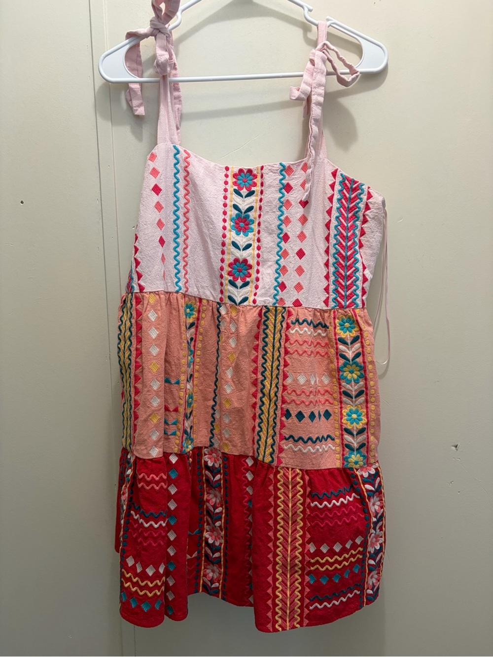 Tiered Embroidered Sundress in Pink, Peach & Red